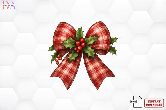 Download Red Plaid Christmas Bow Holly PNG - Christmas Collection