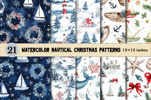 Download Watercolor Nautical Christmas Patterns - Christmas Collection