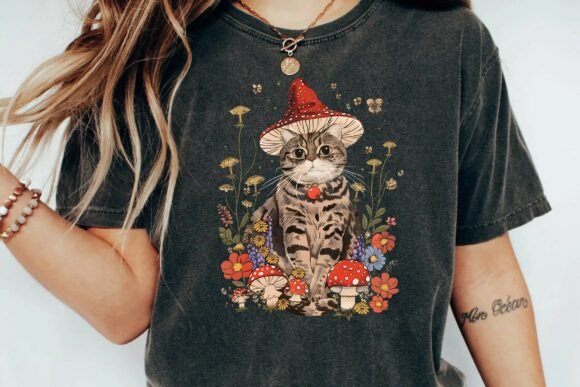 Download Vintage Mushroom Cat Cottagecore Aesthetic Flowers Whimsical Kitten Png - Aesthetic flowers Collection