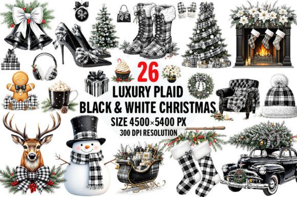 Download Black White Plaid Christmas Clipart Set - Christmas Collection